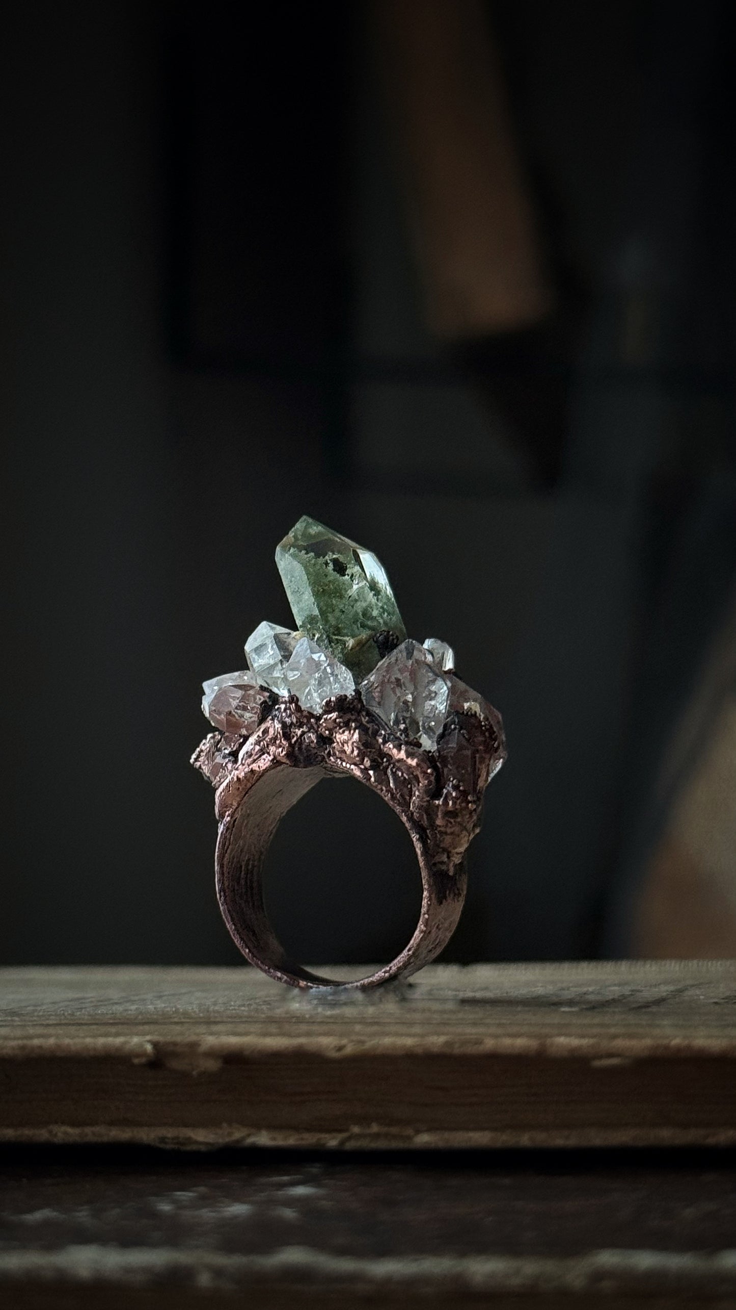 Anello in Rame con Quarzo Lodolite e Herkimer - Misura 8 US (18mm)