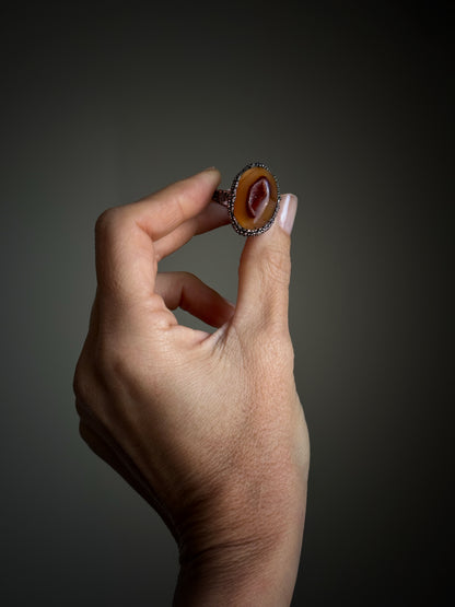 Burnished Copper Ring with Caramel Agate Geode - Size 8 US (18mm)