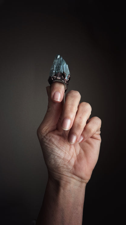 Burnished Copper Ring with Aura Quartz Points - Size 9 US (19mm)