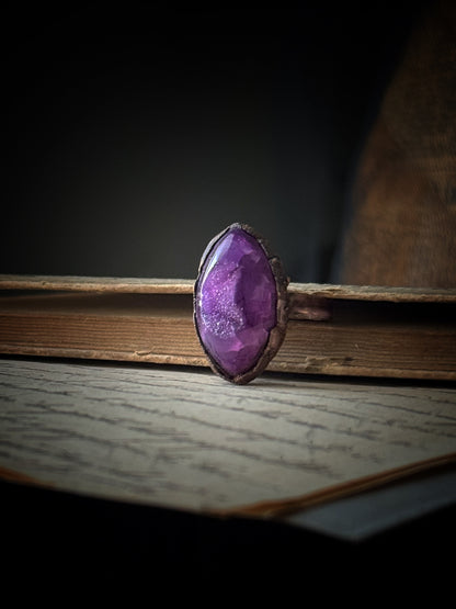 Burnished Copper Ring with Purple Agate Geode - Size 10 US (20mm)