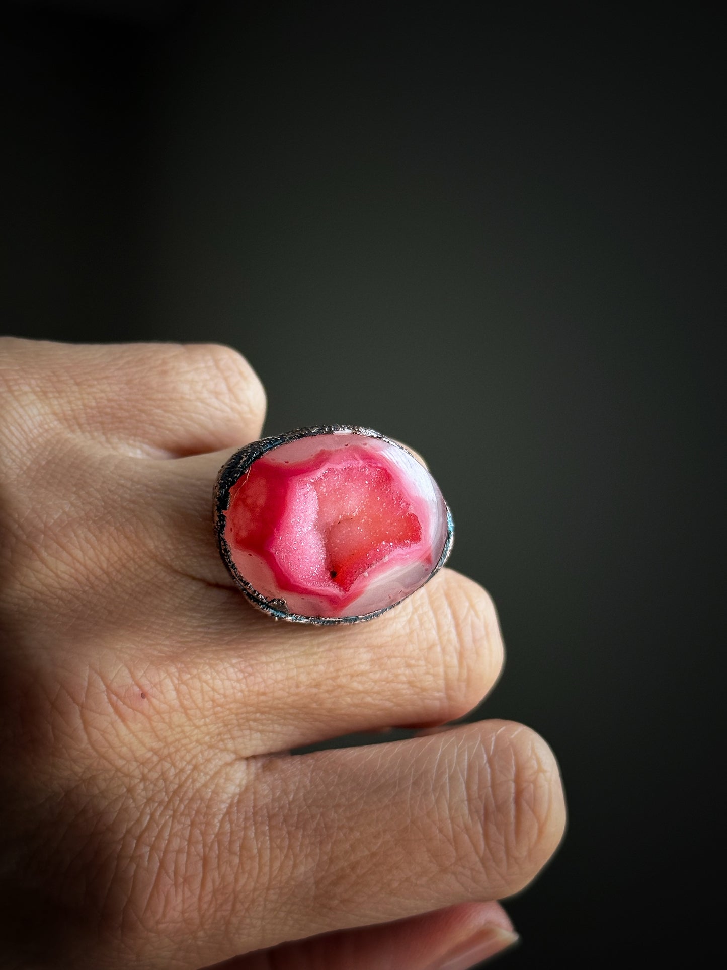 Burnished Copper Ring with Red Agate Geode - Size 6 US (16mm)