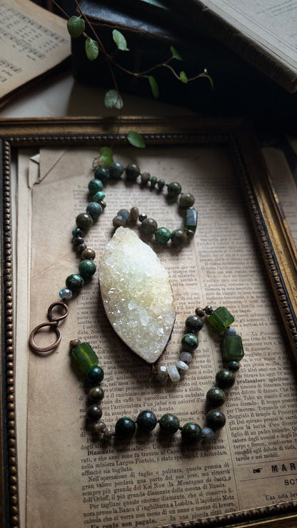 Necklace with quartz, turquoise and prehnite druse