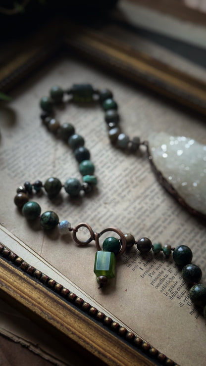 Necklace with quartz, turquoise and prehnite druse