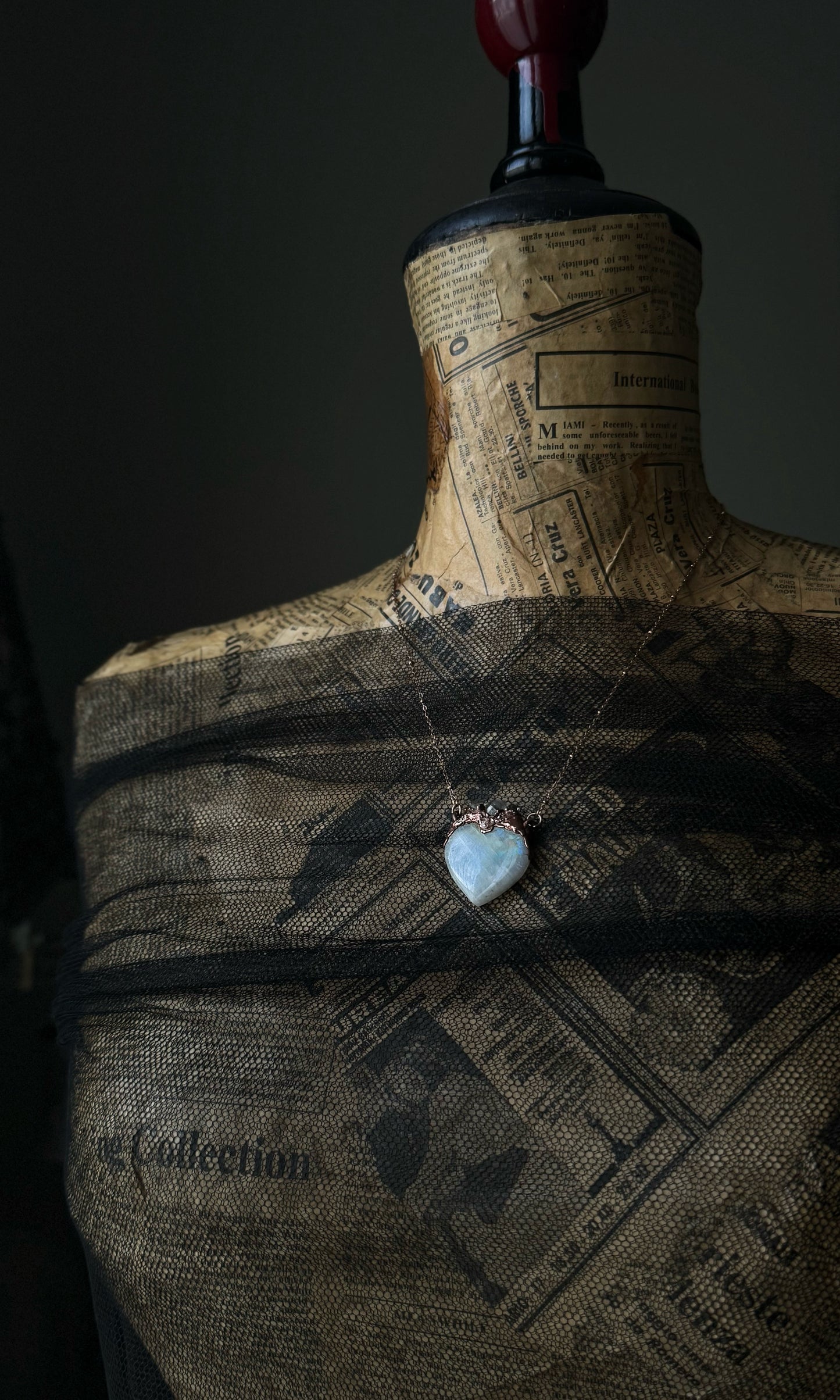 Sacred Heart Necklace with White Labradorite and Herkimer Quartz - One of a Kind