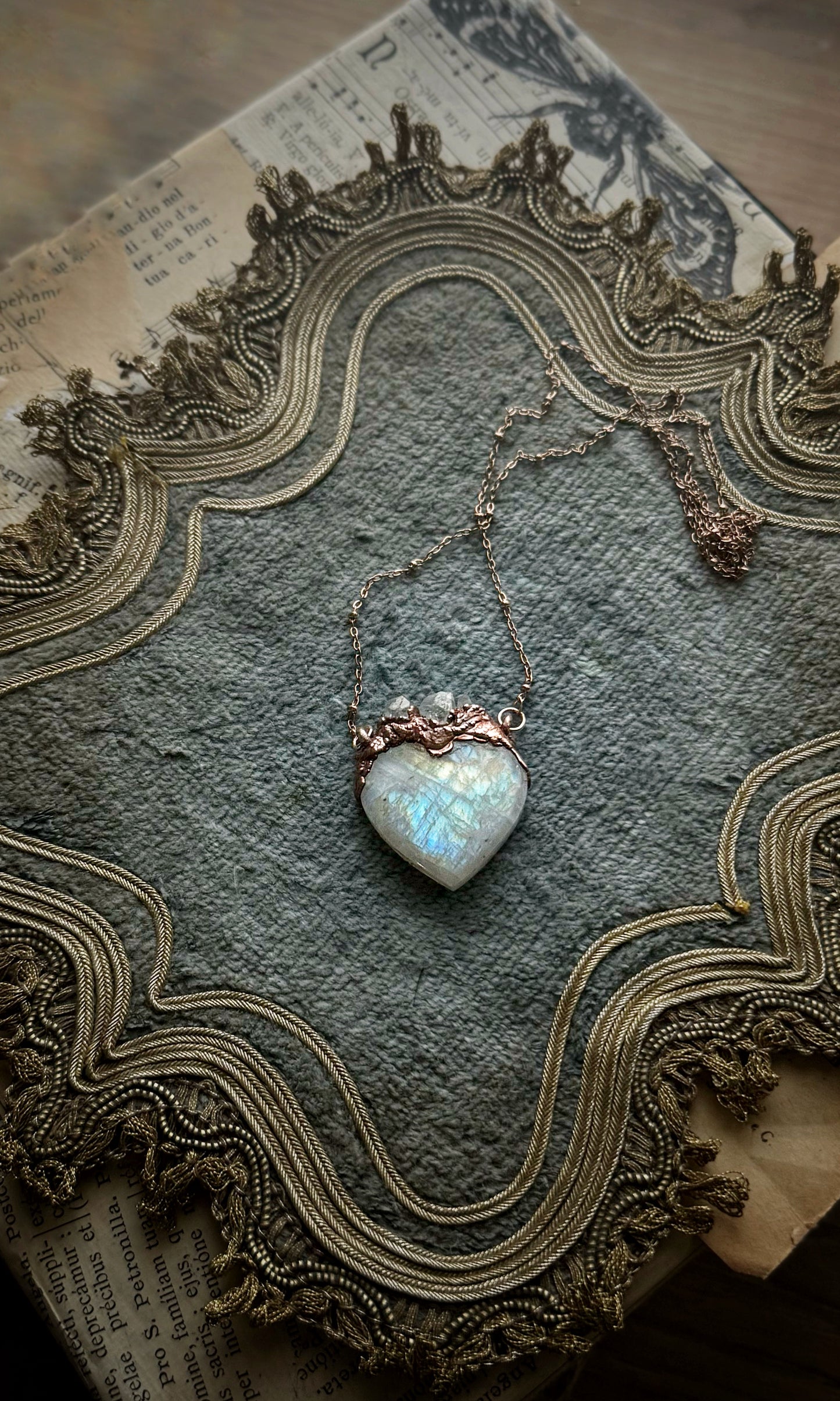 Sacred Heart Necklace with White Labradorite and Herkimer Quartz - One of a Kind