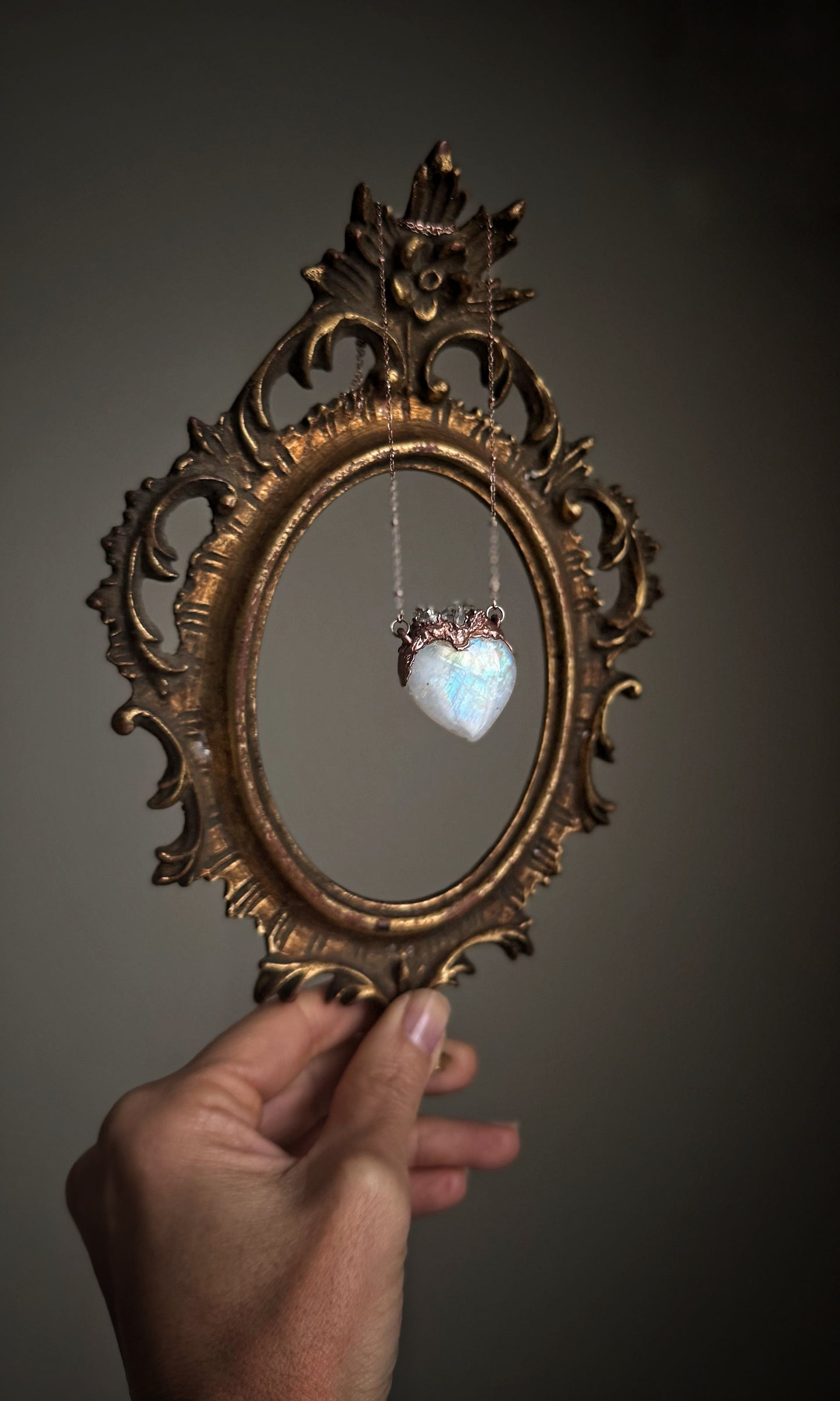 Sacred Heart Necklace with White Labradorite and Herkimer Quartz - One of a Kind