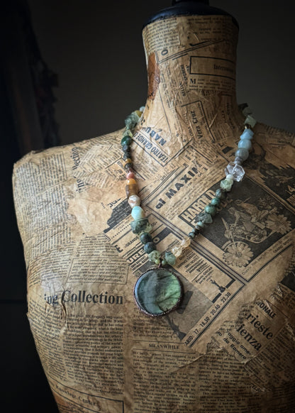 Necklace with Natural Stones and Large Labradorite Pendant