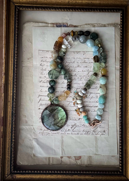 Necklace with Natural Stones and Large Labradorite Pendant