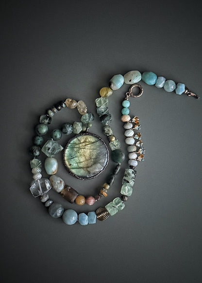 Necklace with Natural Stones and Large Labradorite Pendant