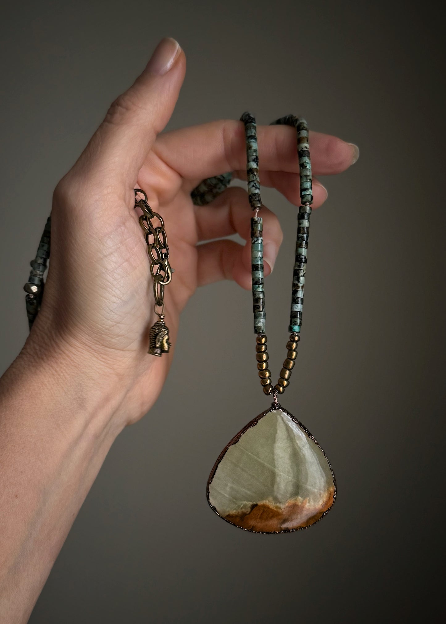 Collana Lunga Turchese Africano e Calcite Verde | 82cm Doppio Giro