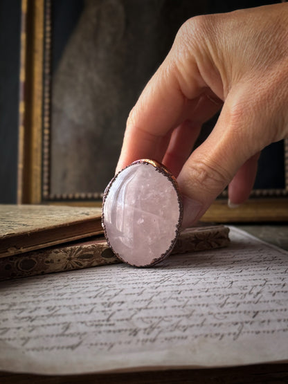 Oval Rose Quartz Wide Band Ring - Sizes 6-9