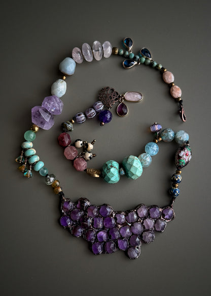 Choker Necklace with Large Amethyst Pendant and Natural Stones - 05