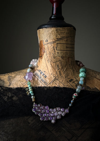 Choker Necklace with Large Amethyst Pendant and Natural Stones - 05