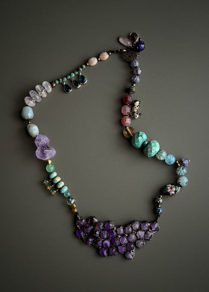 Choker Necklace with Large Amethyst Pendant and Natural Stones - 05