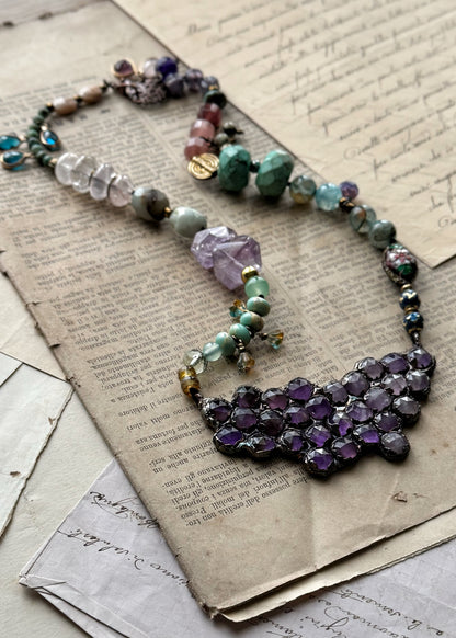 Choker Necklace with Large Amethyst Pendant and Natural Stones - 05