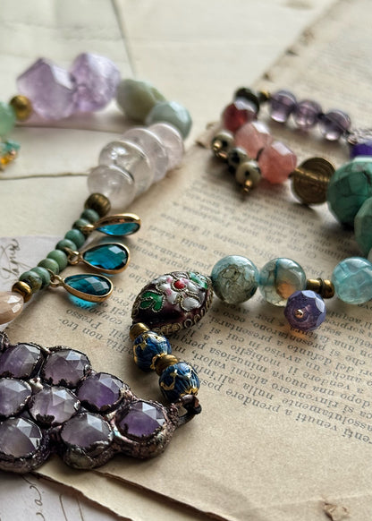 Choker Necklace with Large Amethyst Pendant and Natural Stones - 05