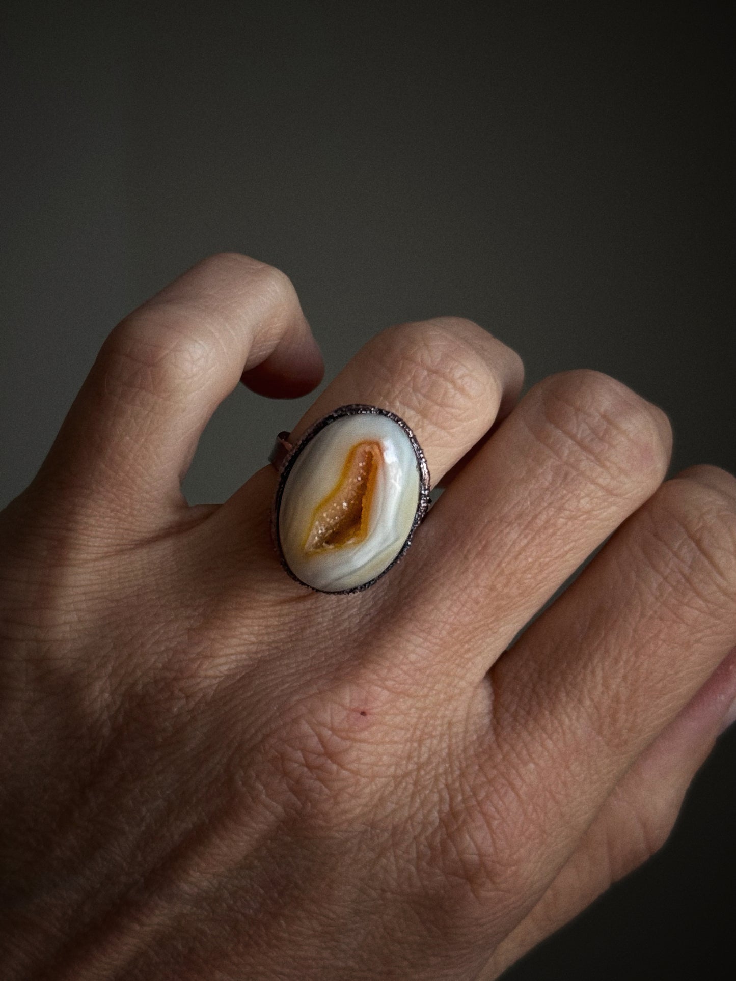 Burnished Copper Ring with White Agate Geode - Size 7 US (17mm)