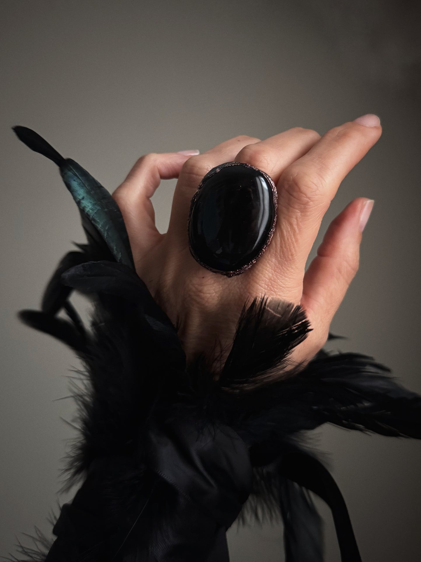Black Obsidian Oval Wide Band Ring - Gothic Handcrafted Jewelry