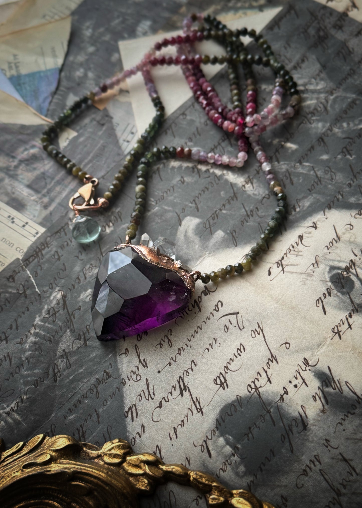 Collana Ex Voto con Ametista Sacro Cuore, Tormalina Multicolore e Diamanti Herkimer