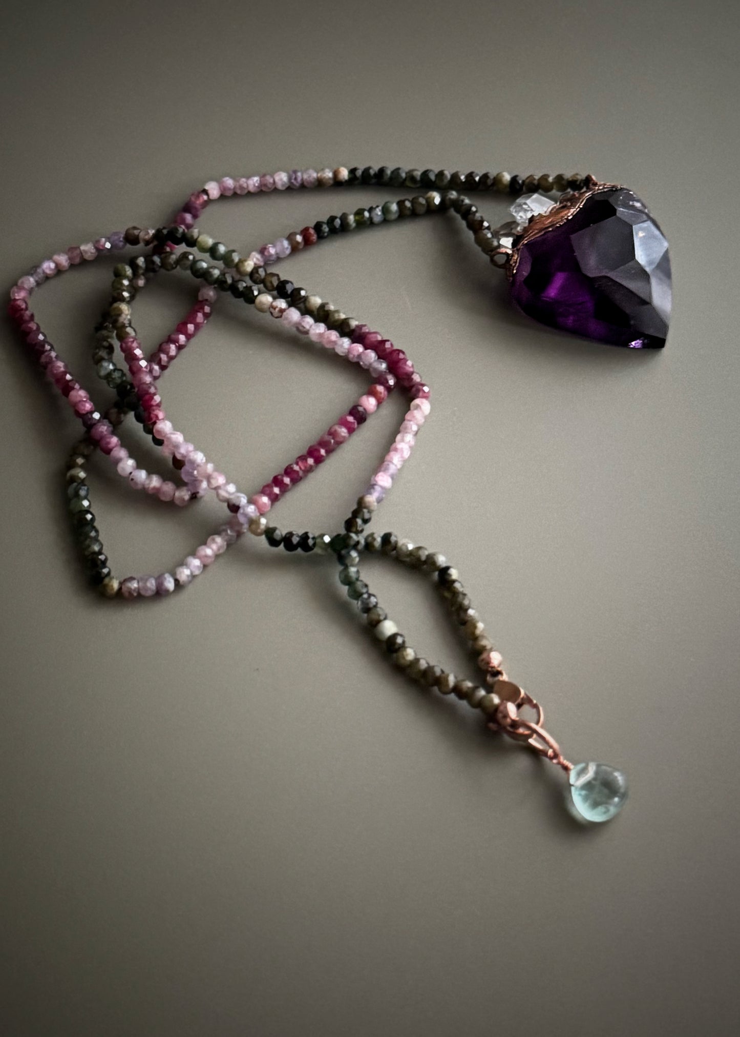 Collana Ex Voto con Ametista Sacro Cuore, Tormalina Multicolore e Diamanti Herkimer