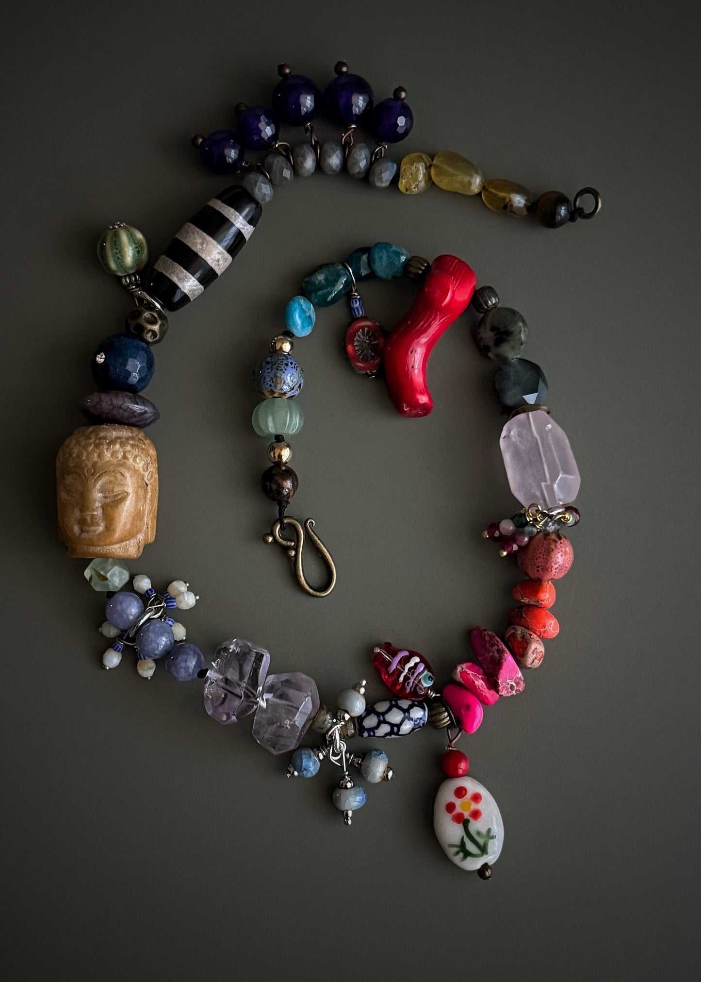 Rainbow mixed stone and charm choker necklace
