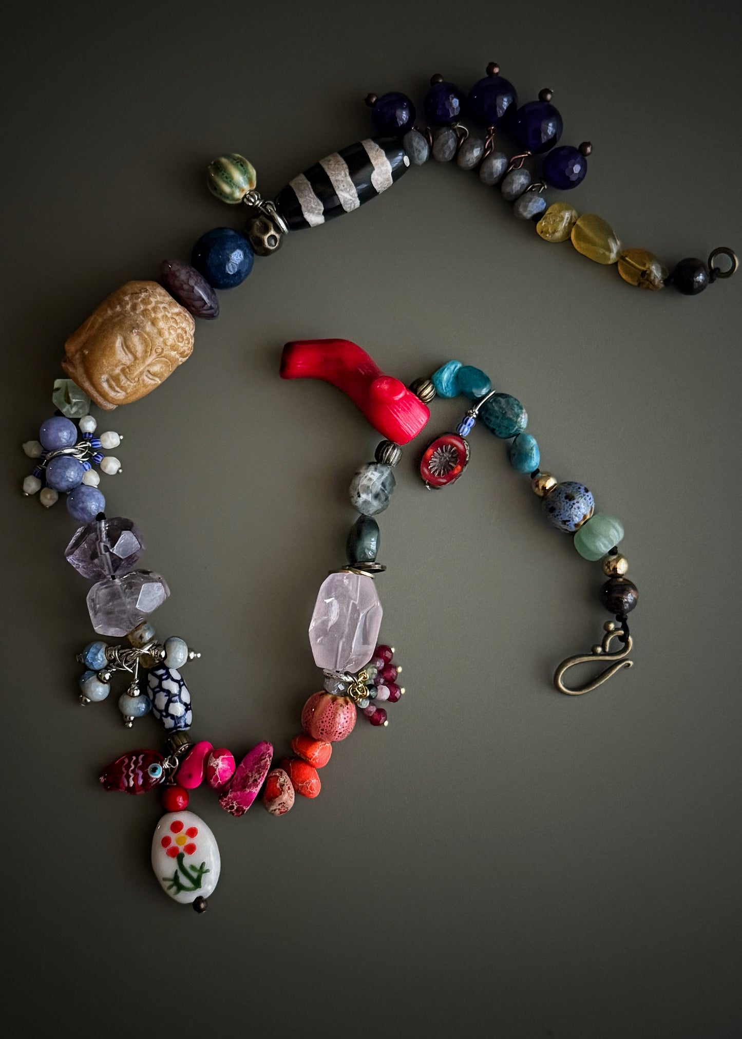 Rainbow mixed stone and charm choker necklace