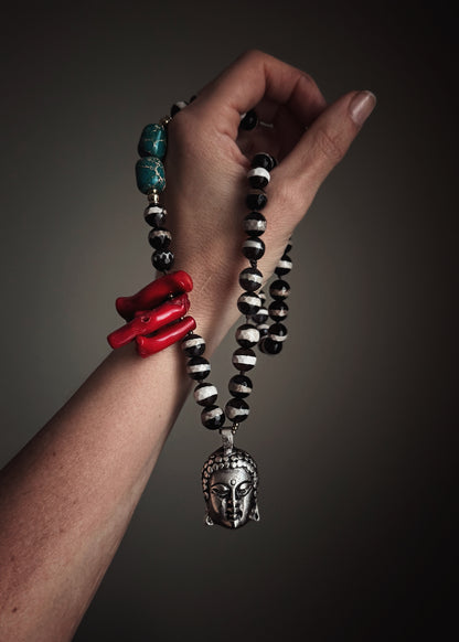 Necklace with Dzi Agate, Bamboo Coral and Buddha Pendant – Ebbijoux