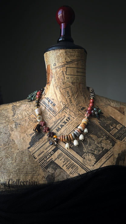 Necklace with agate stones, amazonite, pendants and a small fish - Model 06