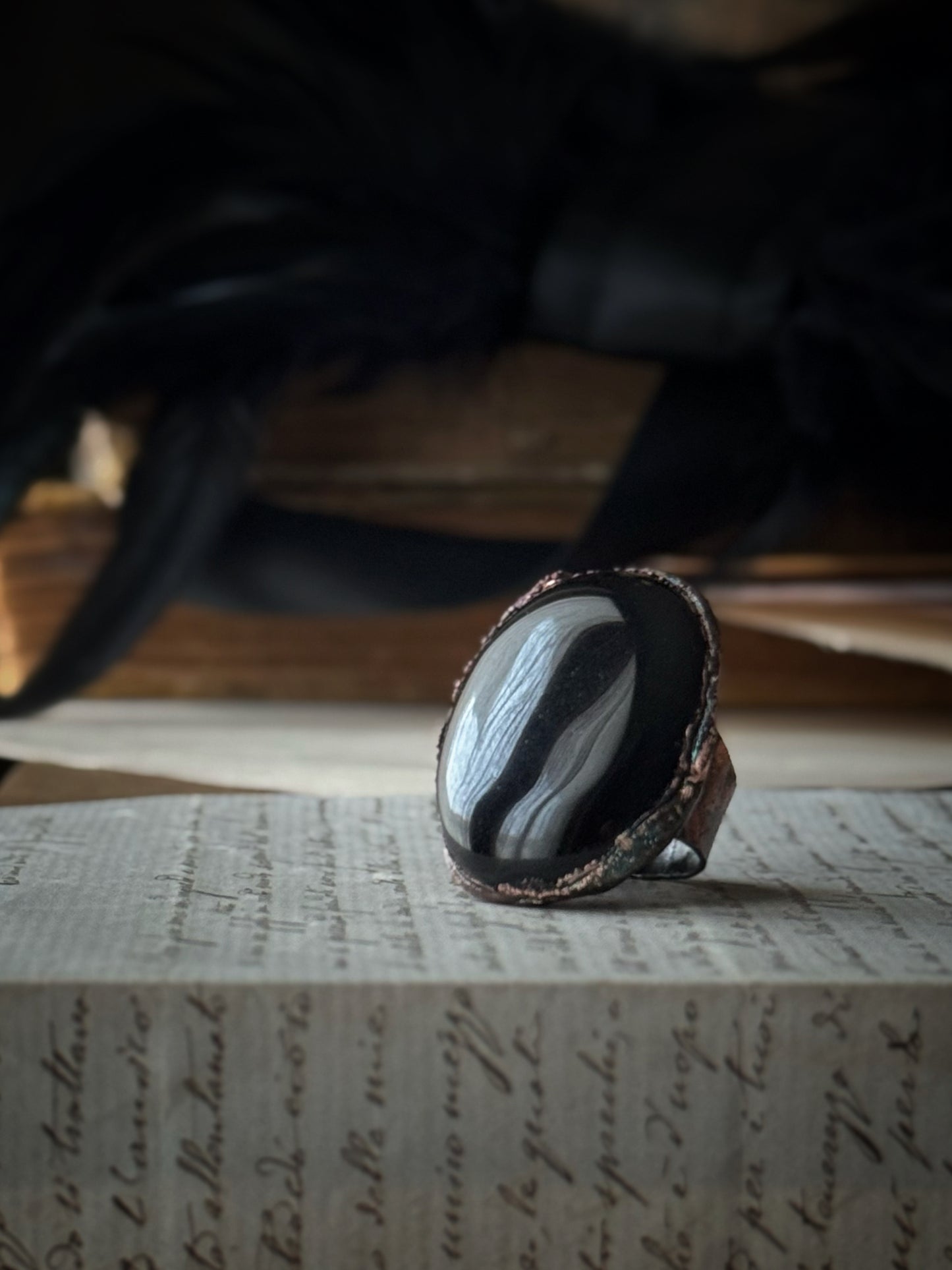 Black Obsidian Oval Wide Band Ring - Gothic Handcrafted Jewelry