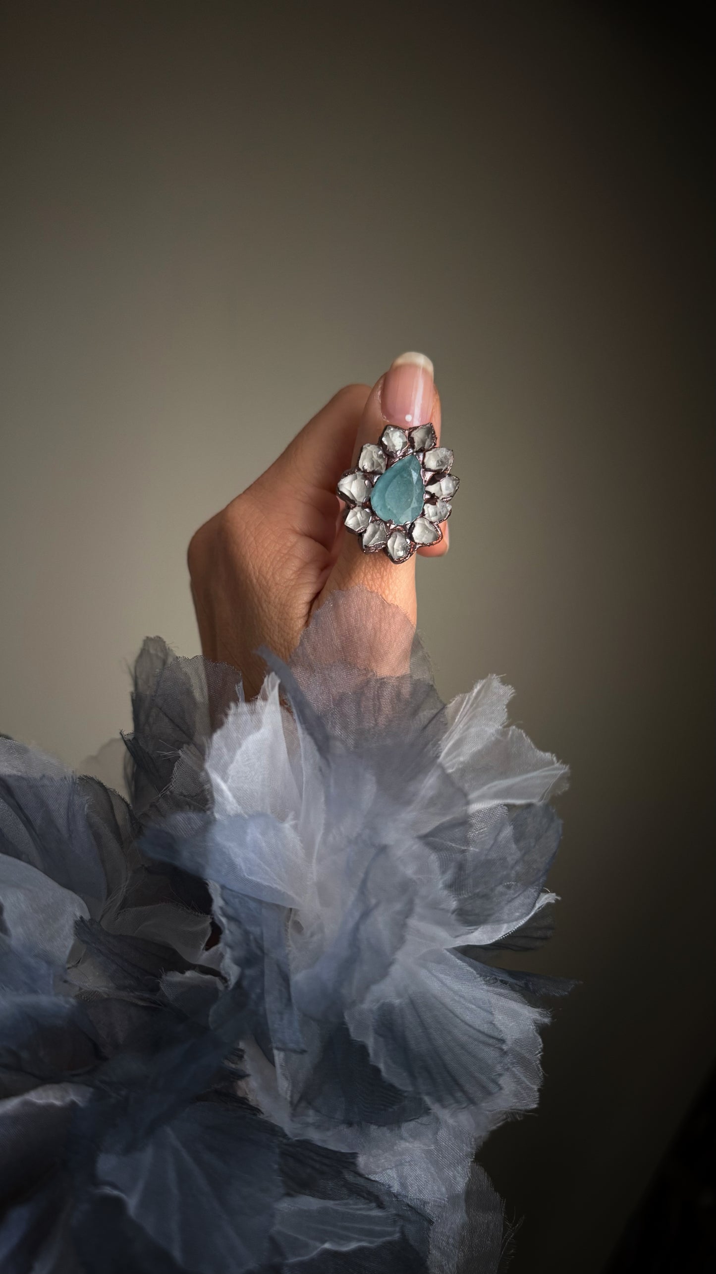 Anello con Herkimer e acquamarina mis. 10