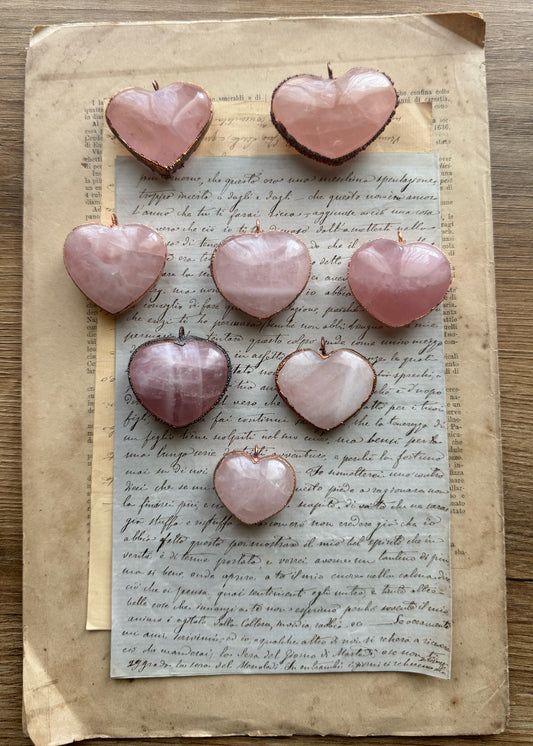 Collana con Cuore Quarzo Rosa - Ciondolo in Rame Fatto a Mano