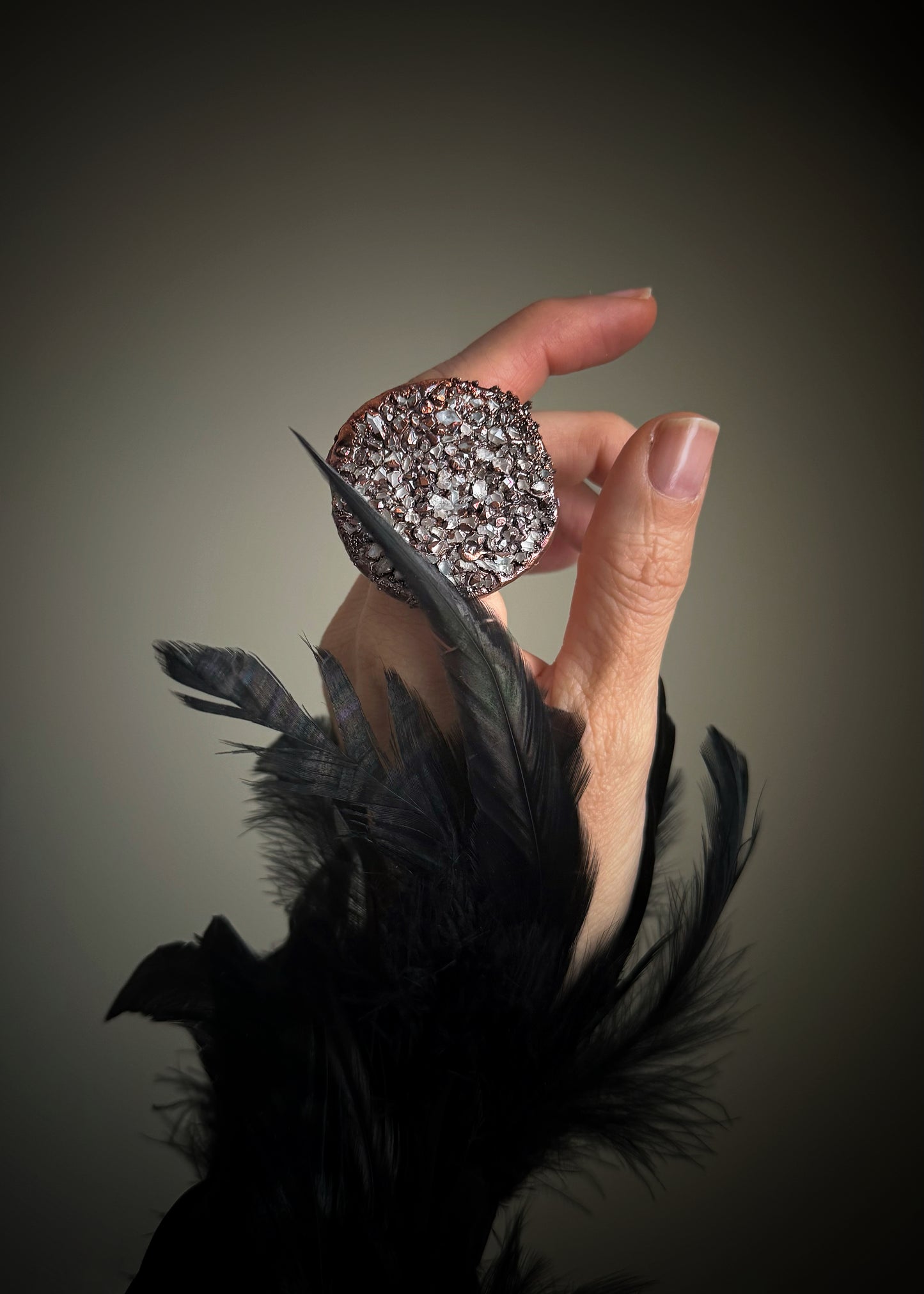 Copper Ring with Natural Herkimer Quartz Pavé - size 8 US (18mm)