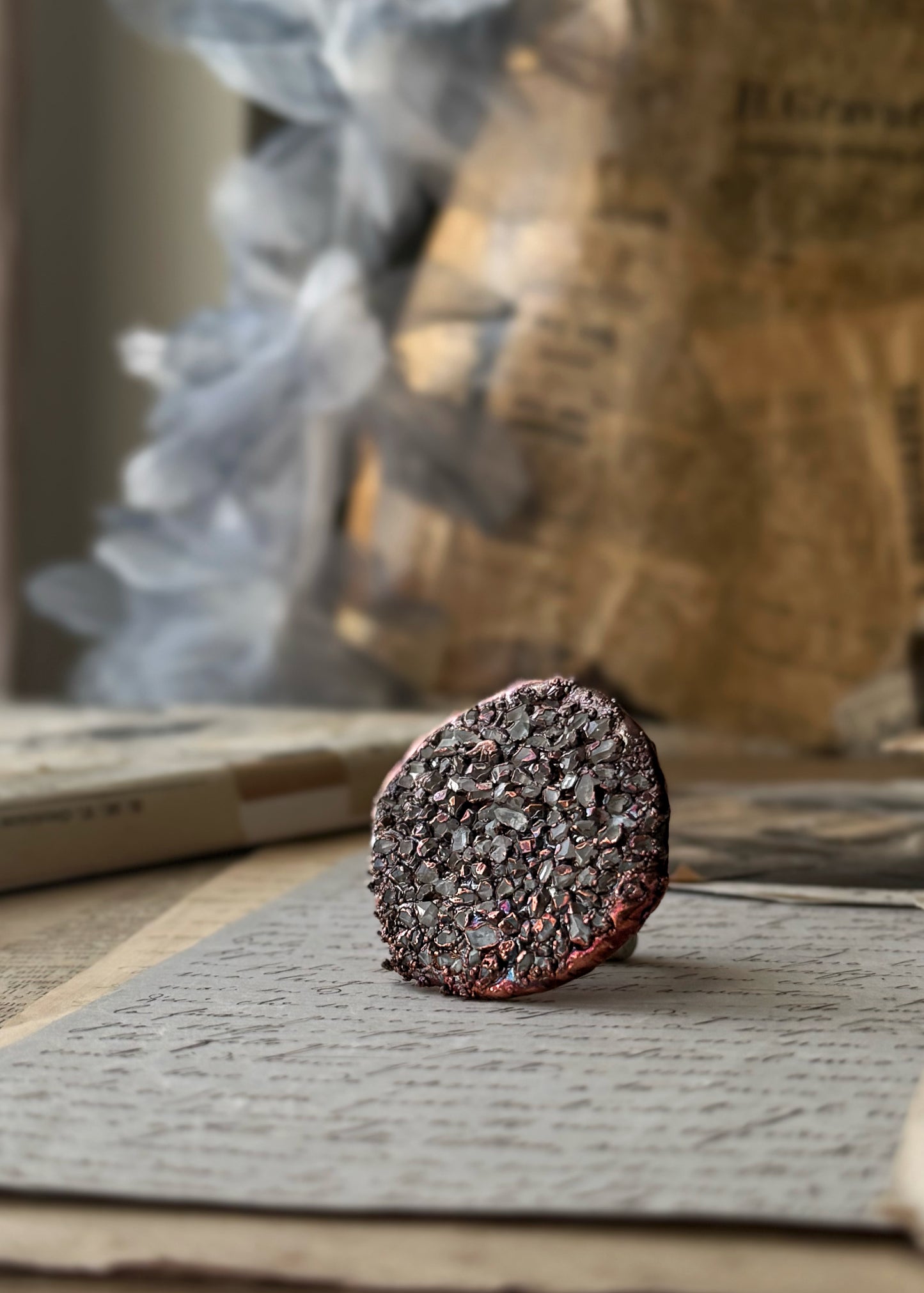 Copper Ring with Natural Herkimer Quartz Pavé - size 8 US (18mm)