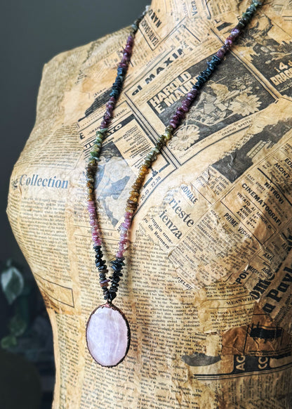 Necklace with raw tourmaline and large rose quartz