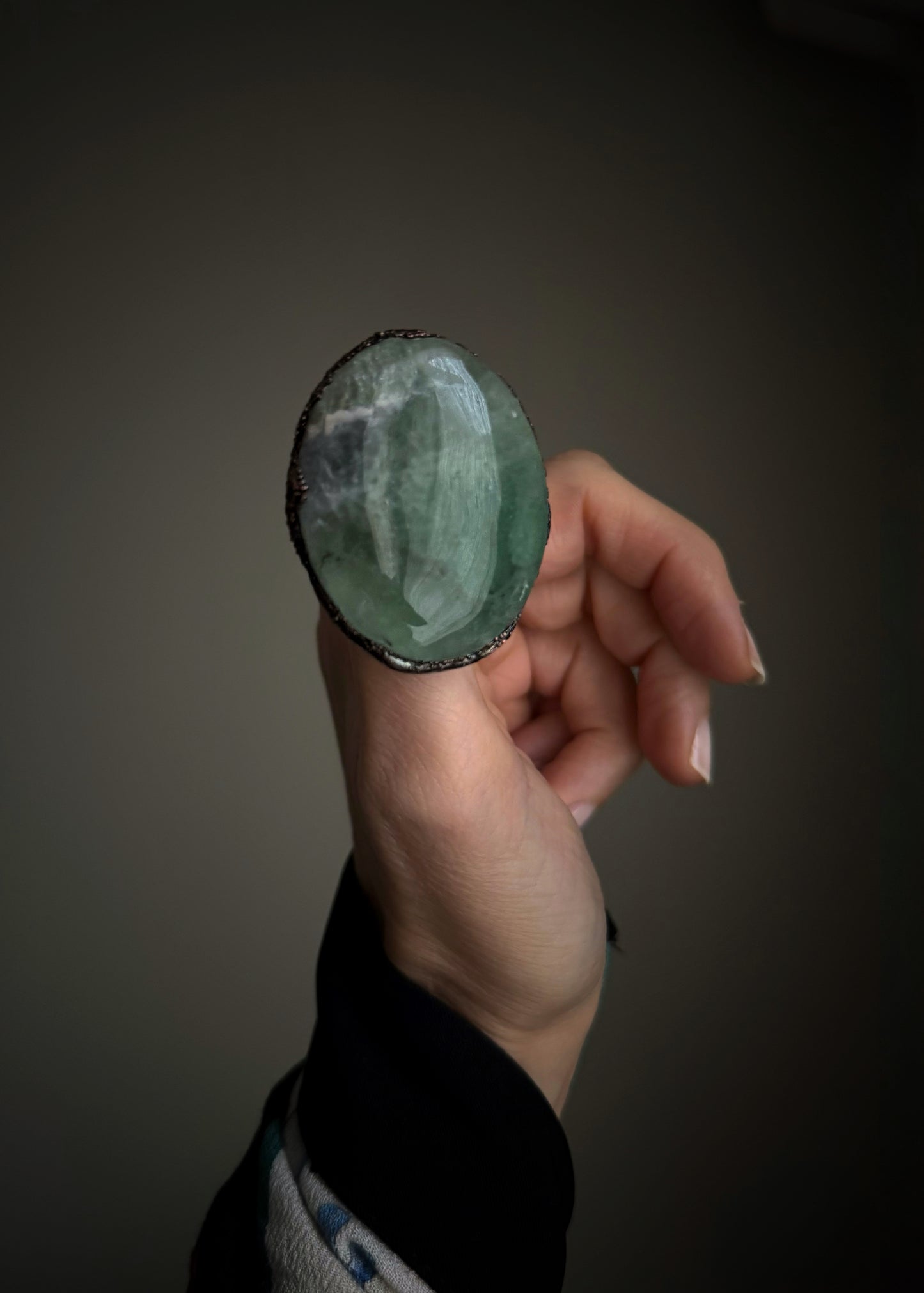 Ring with large green Fluorite stone Size 11us (21mm)