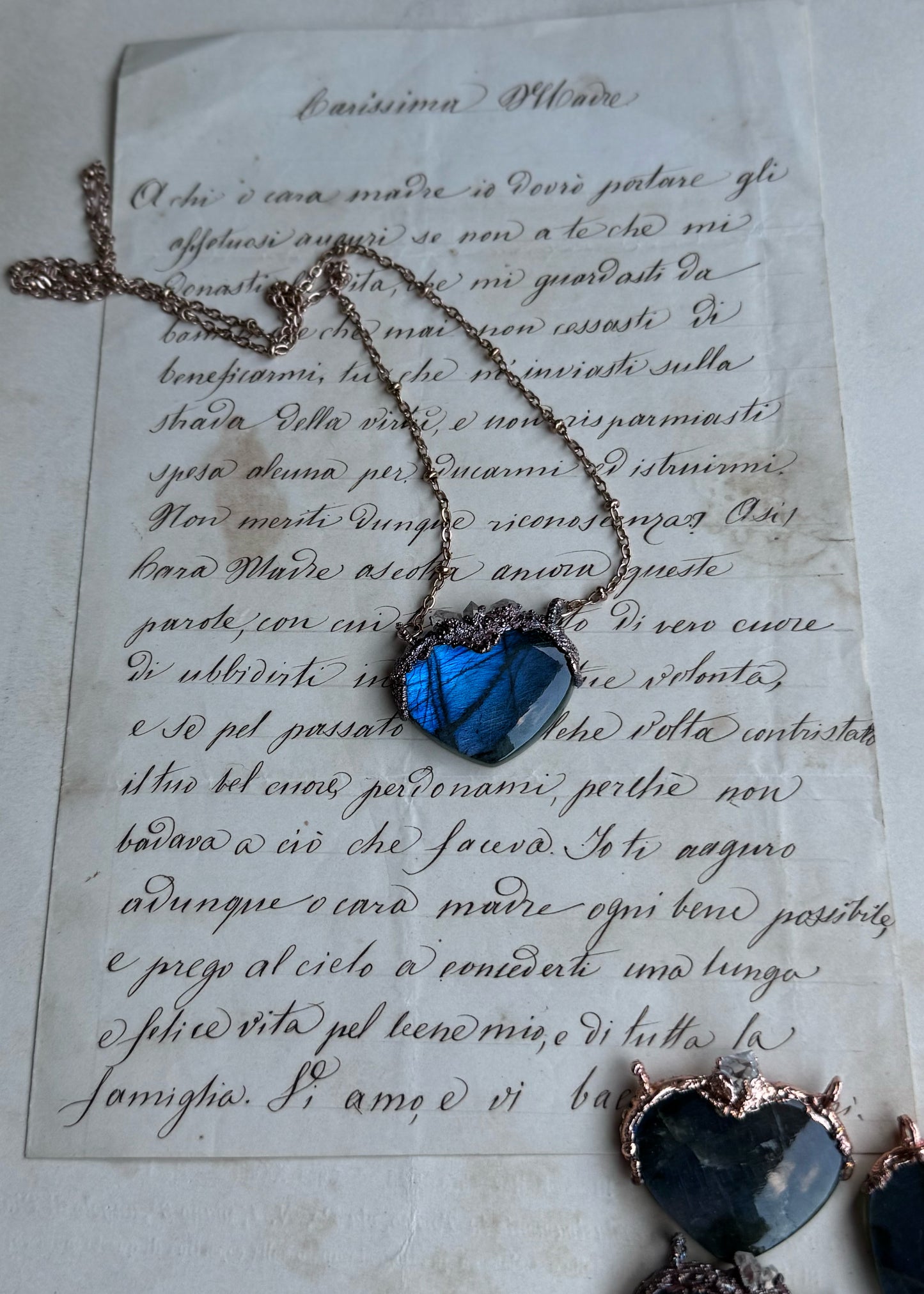 Collana Ex Voto Cuore Sacro Labradorite e Quarzo Herkimer - Pezzo Unico