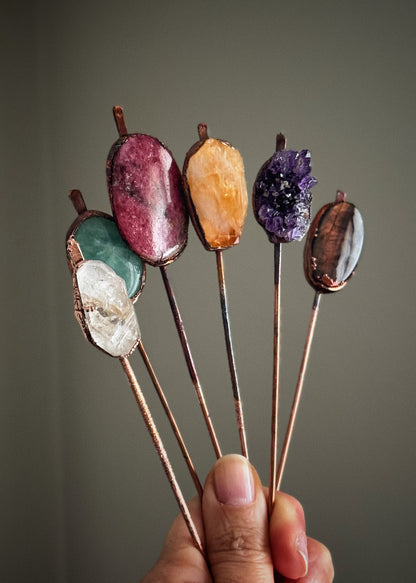 Copper Hair Pin with Natural Stones - Handmade
