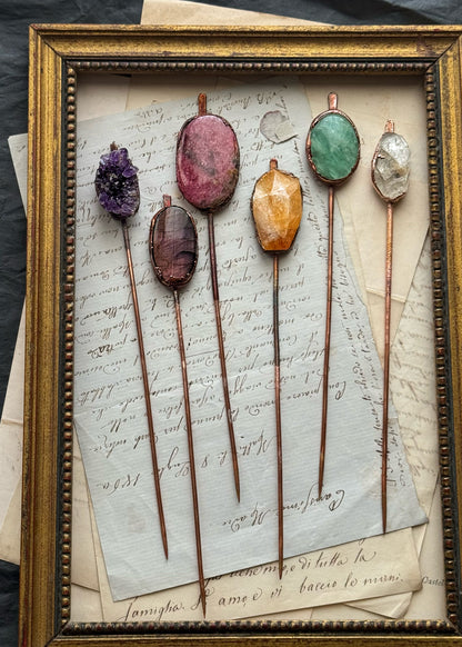 Copper Hair Pin with Natural Stones - Handmade