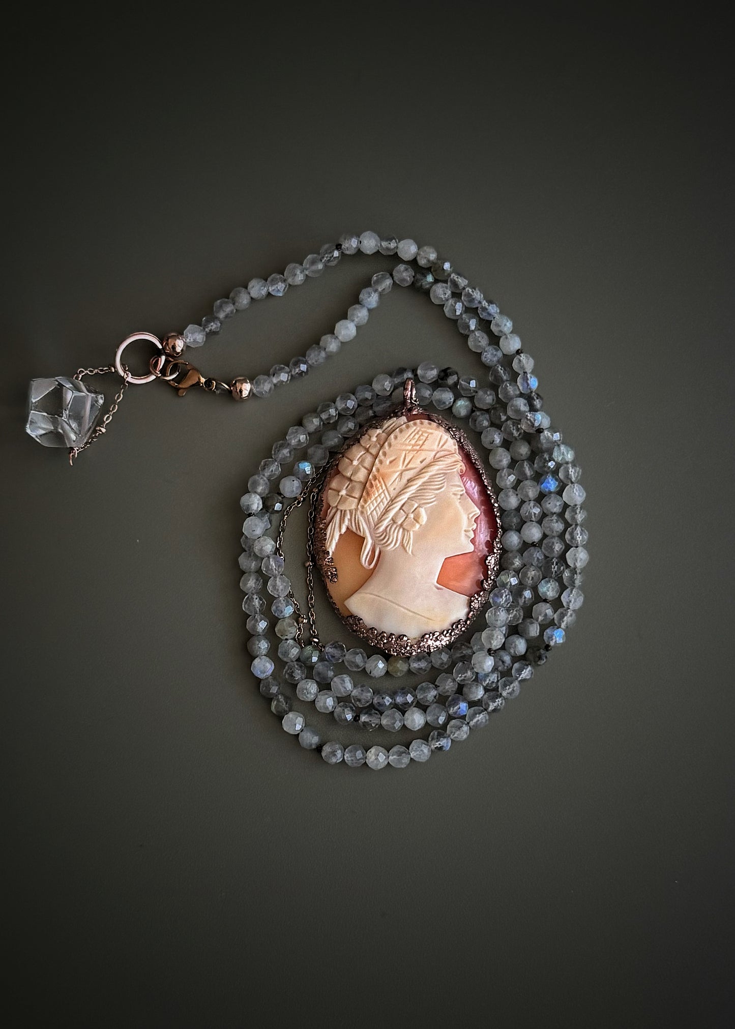 Long Necklace with Antique Cameo and Labradorite - Unique Handcrafted Jewel