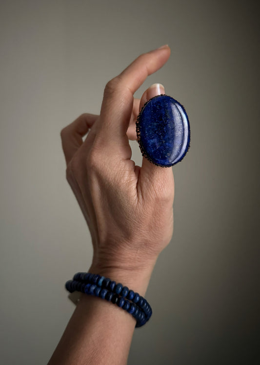 Anello Artigianale in Rame con Lapislazzuli Naturale — Misura 9 US