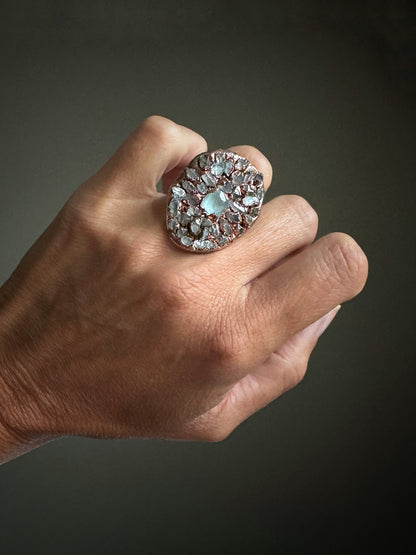 Ring with Pavé of Herkimer Quartz and Aquamarine – Size 5