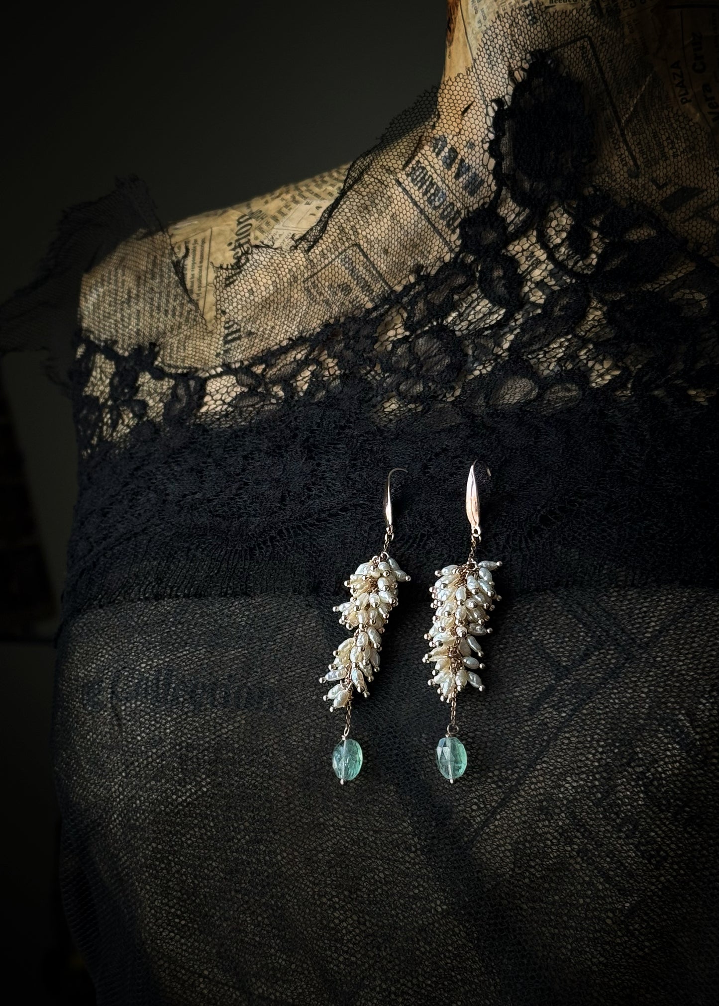 Long Earrings with small river pearls - Hand-made cluster
