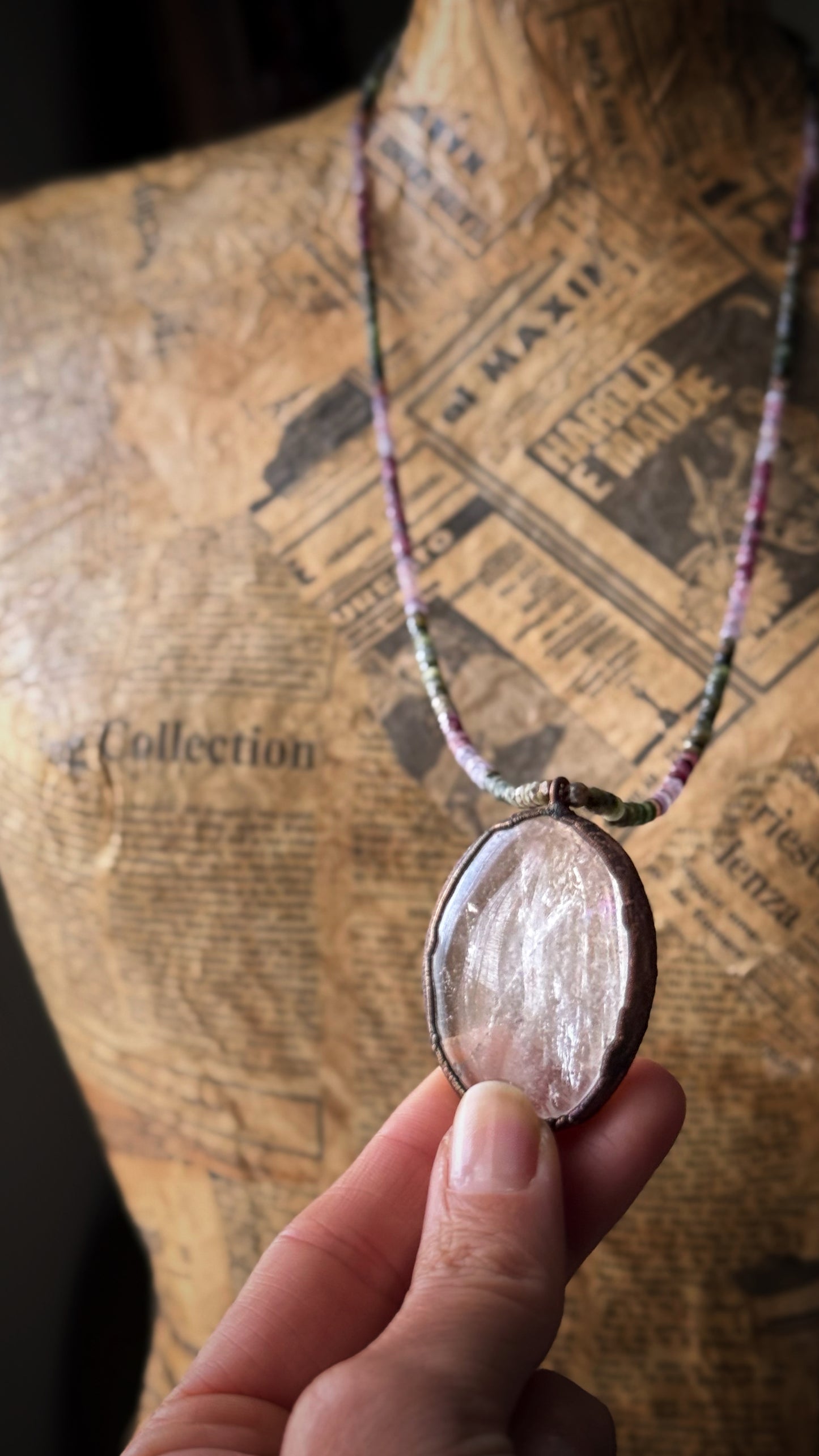Long necklace with Himalayan Quartz and multicolored Tourmaline