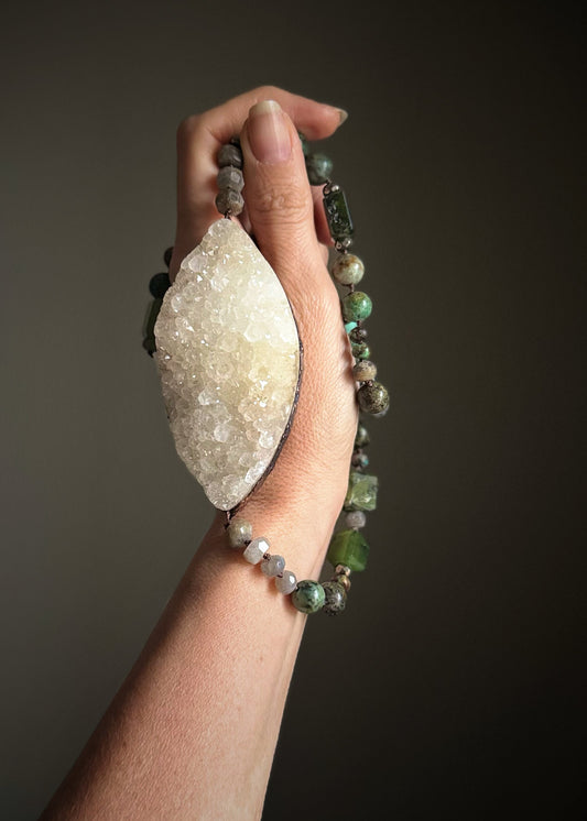 Necklace with quartz, turquoise and prehnite druse