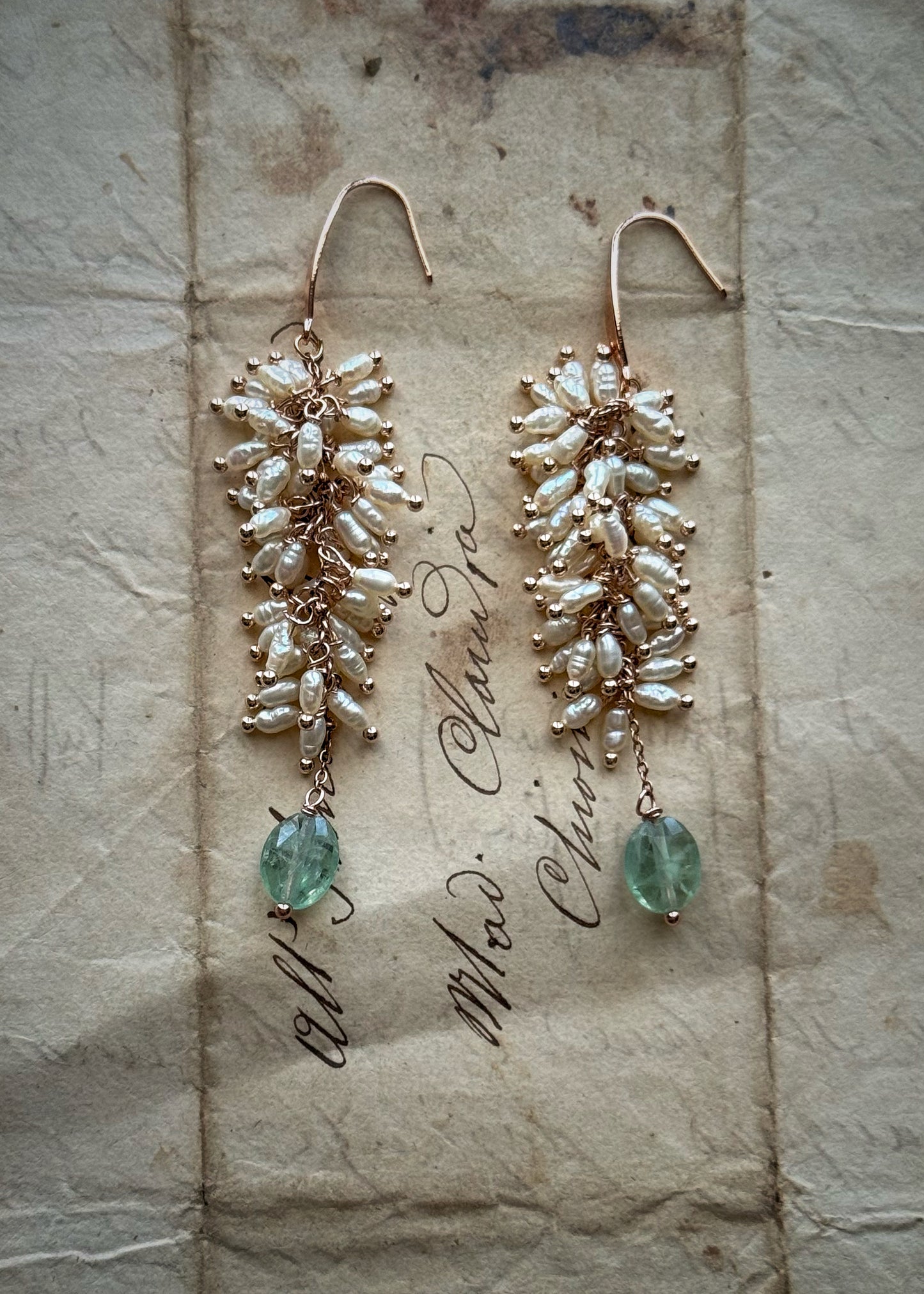 Long Earrings with small river pearls - Hand-made cluster