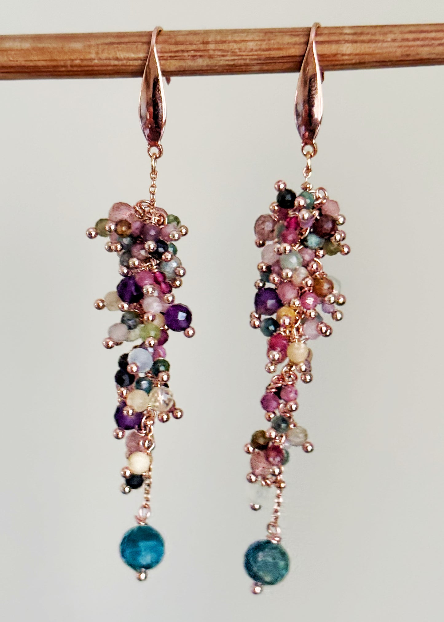 Long Earrings with small colored tourmalines - Handmade cluster