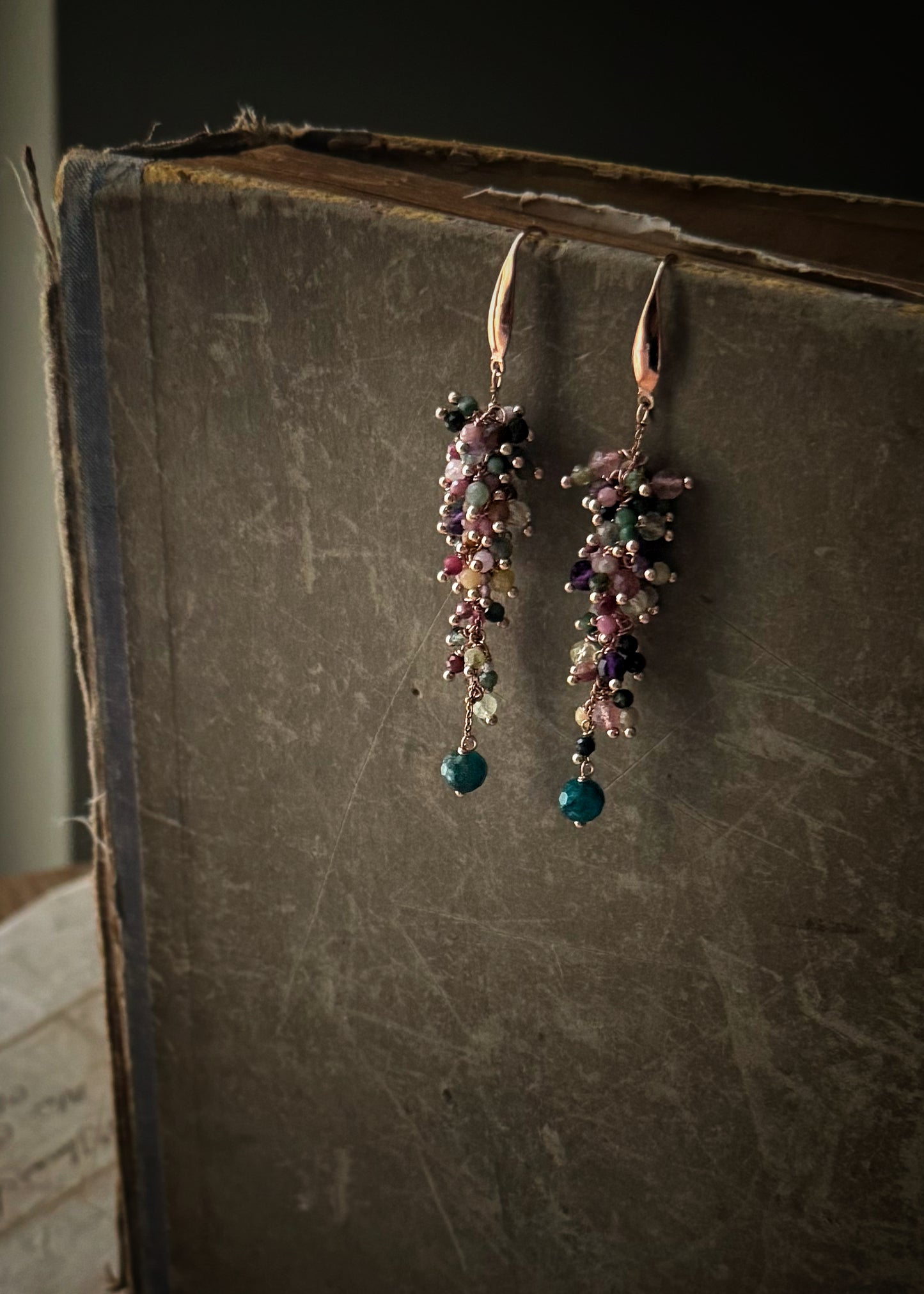 Long Earrings with small colored tourmalines - Handmade cluster