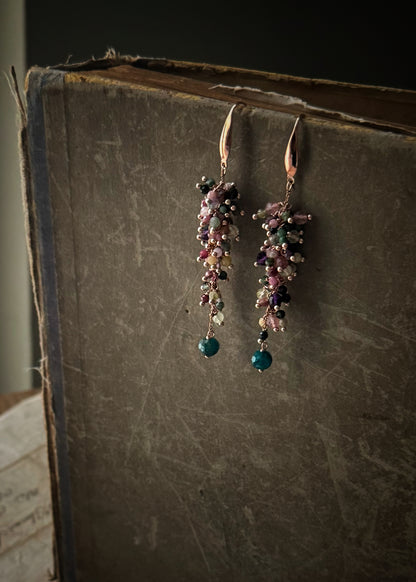 Long Earrings with small colored tourmalines - Handmade cluster