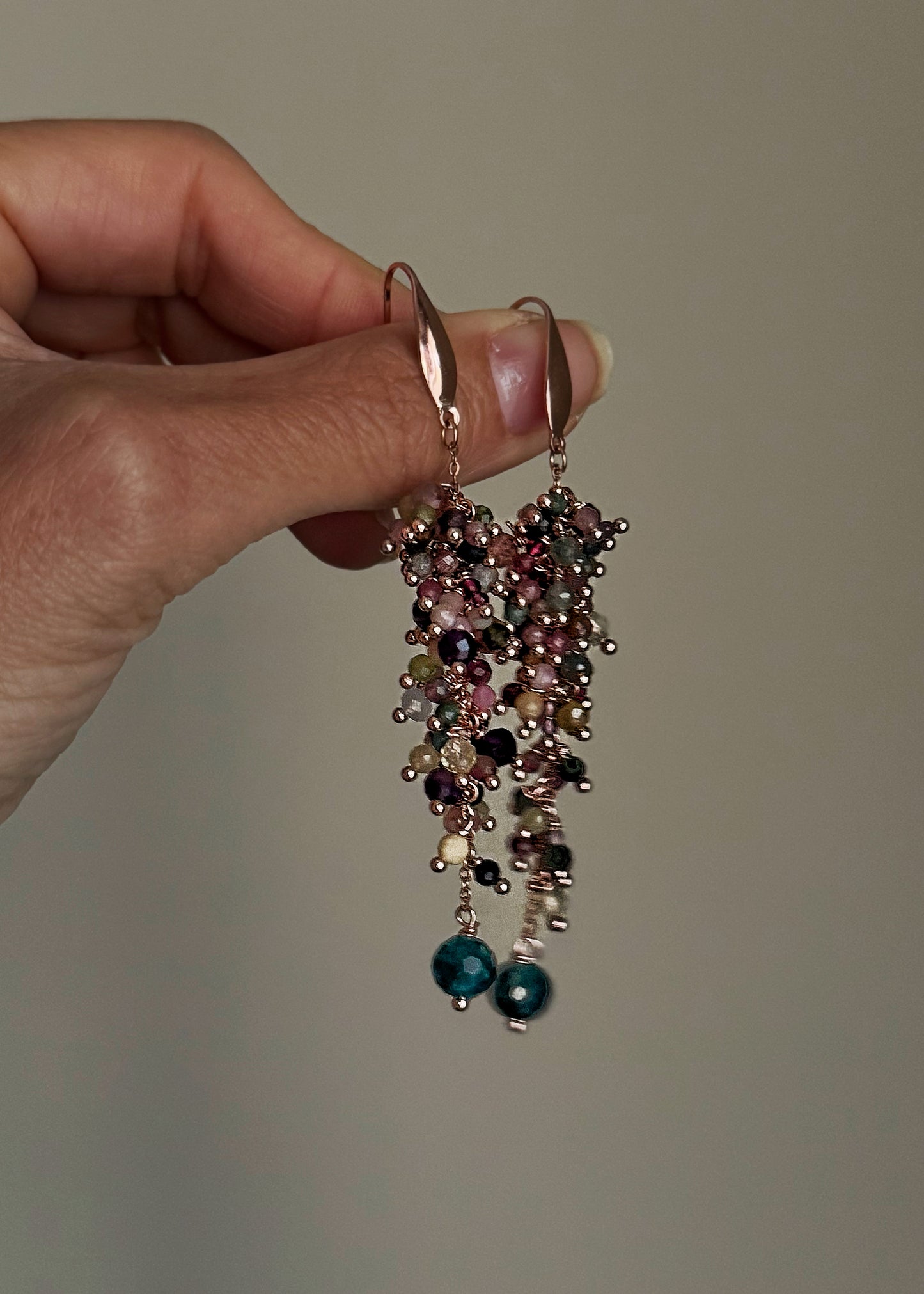 Long Earrings with small colored tourmalines - Handmade cluster