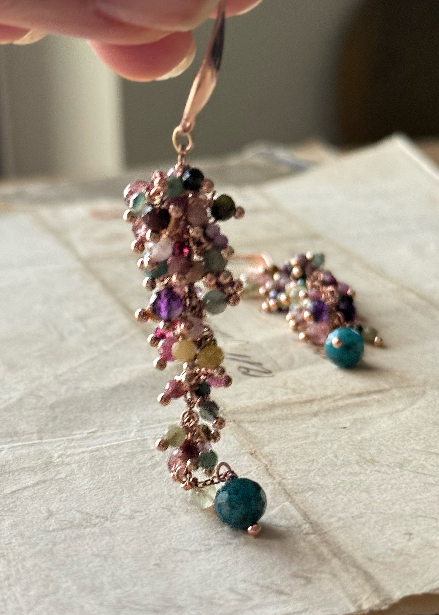 Long Earrings with small colored tourmalines - Handmade cluster